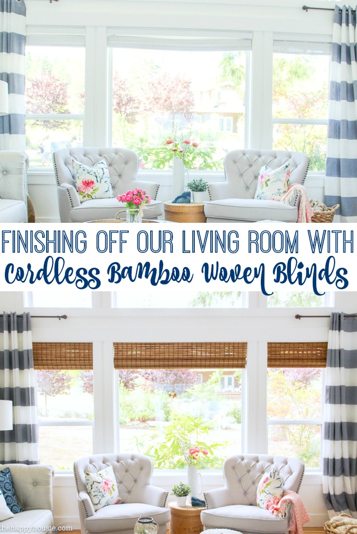 Finishing off our living room with cordless bamboo woven blinds graphic.
