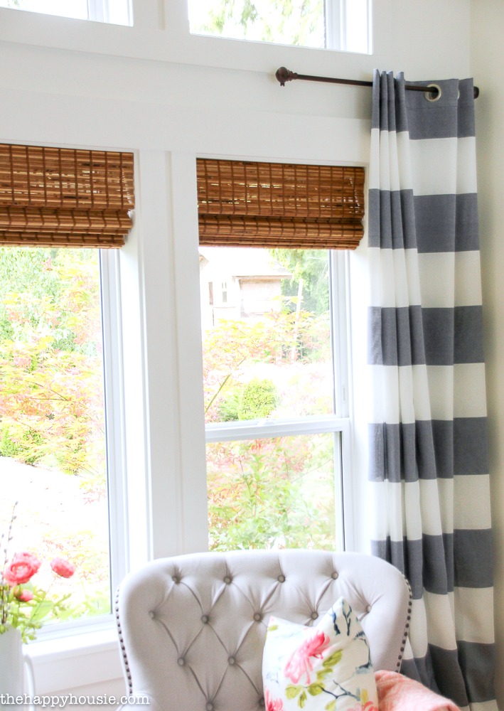 Up close picture of the bamboo woven blinds in the window.