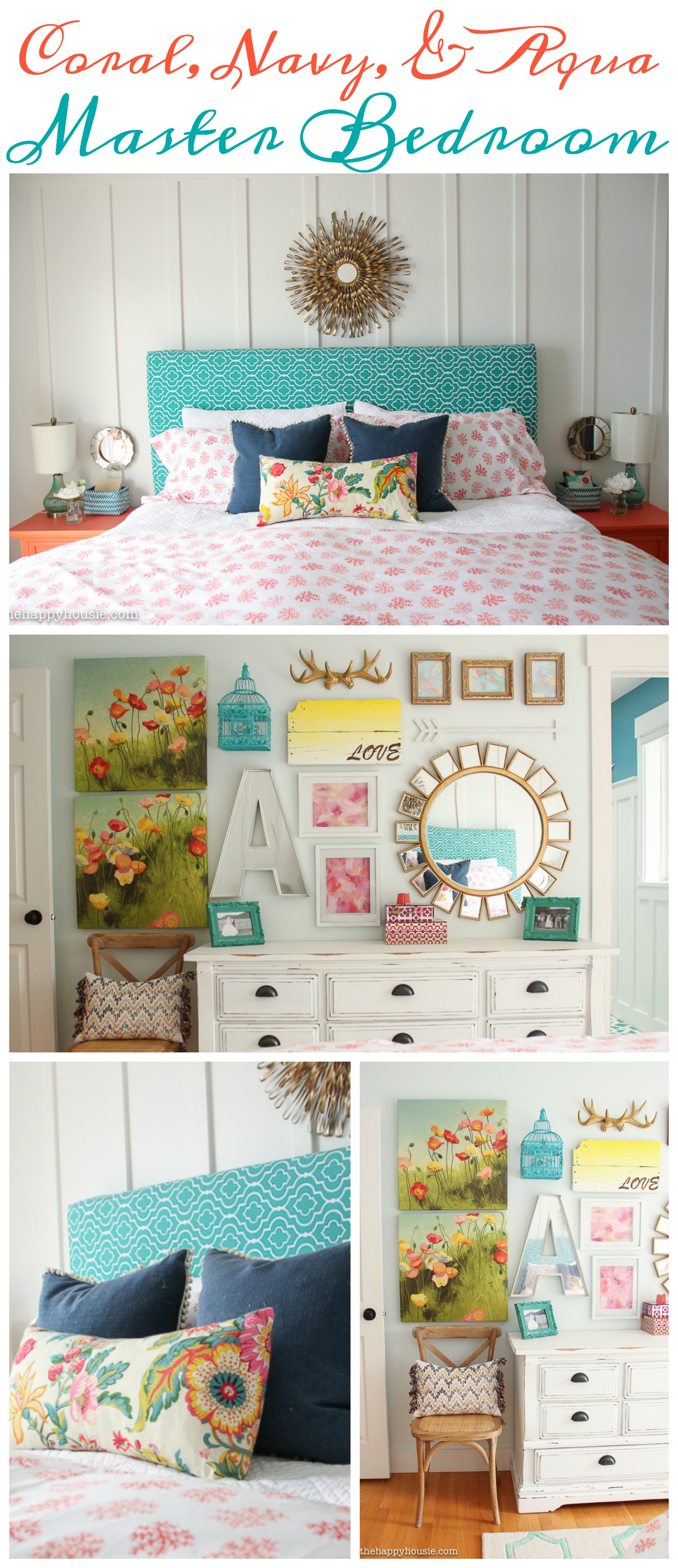Coral, navy and aqua Master bedroom poster.
