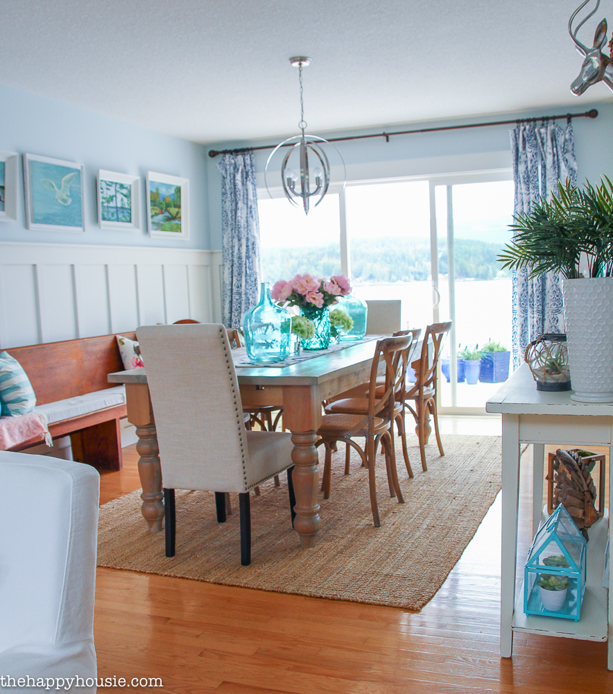 Lake House Summer Tour with beachy coastal colourful entry hall dining room and deck at the happy housie-1