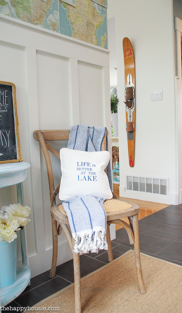 Lake House Summer Tour with beachy coastal colourful entry hall dining room and deck at the happy housie-26