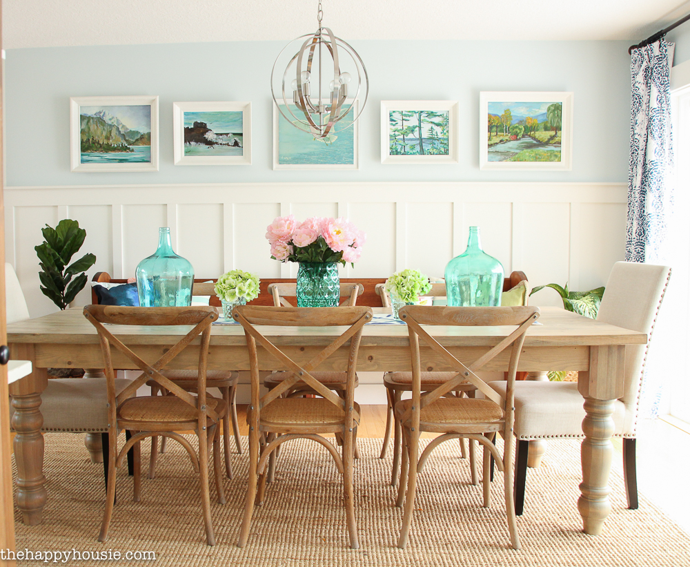 Lake House Summer Tour with beachy coastal colourful entry hall dining room and deck at the happy housie-6