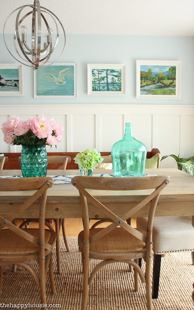 Lake House Summer Tour with beachy coastal colourful entry hall dining room and deck at the happy housie-7