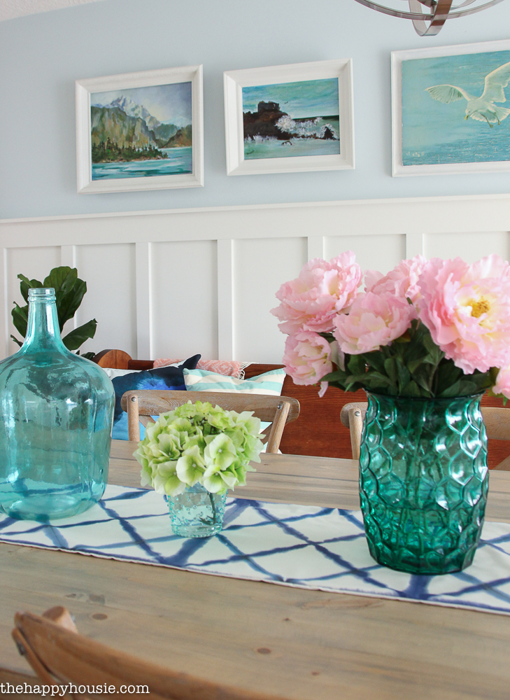 Lake House Summer Tour with beachy coastal colourful entry hall dining room and deck at the happy housie-8