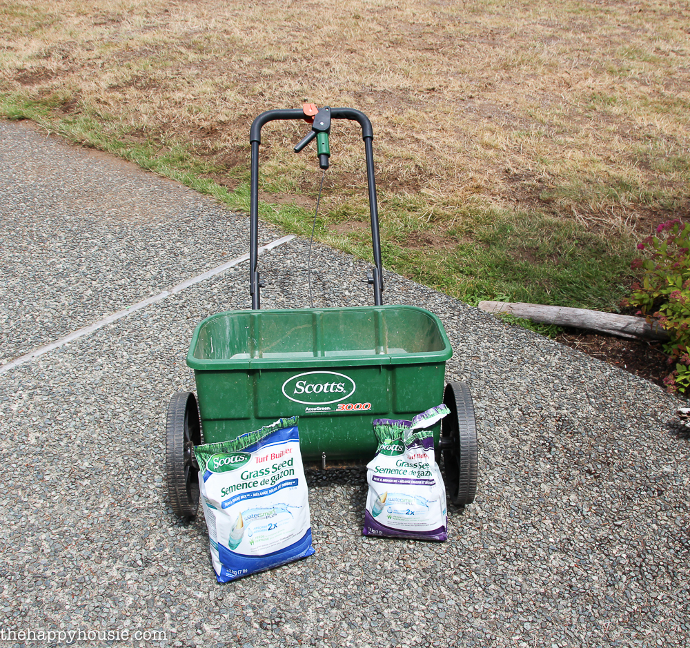 Scott's seeding container on wheels plus the seeds in bags in front of it on the lawn.