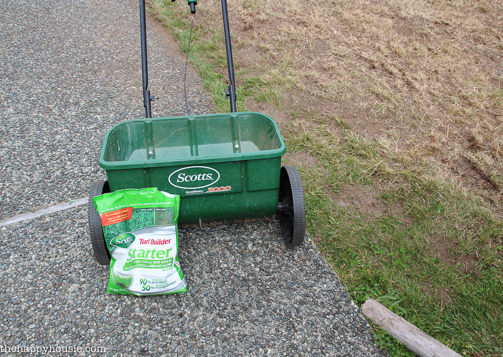 Fertilizer in the bag by the Scott's seeding container.
