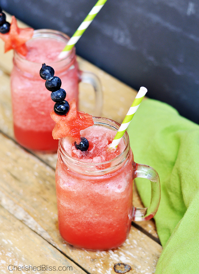 Sweet Summer Sips Watermelon-Slushies with yellow and white straws.