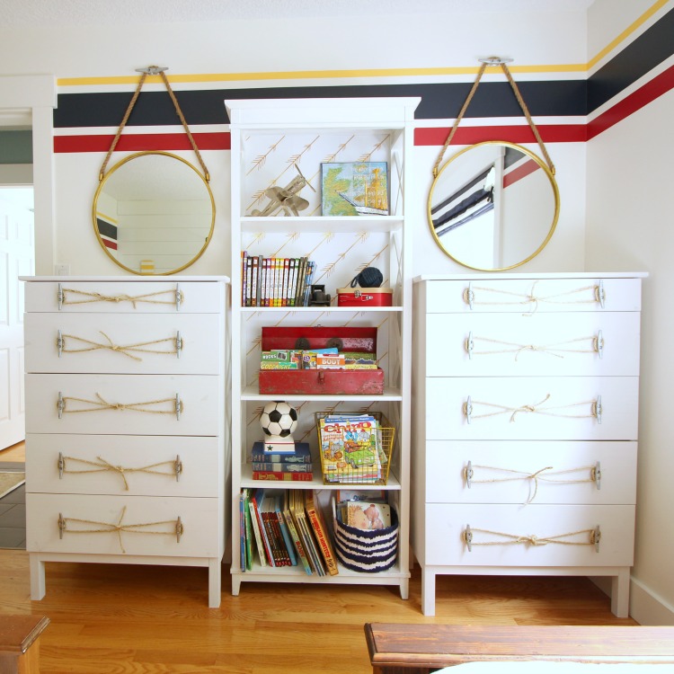 Ikea Tarva Dresser Hack Nautical Style with Rope and Dock Cleat Handles at thehappyhousie