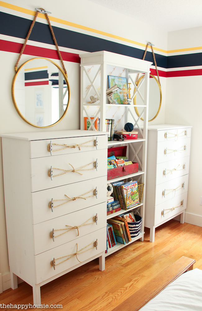 Ikea Tarva Hack Nautical Style Dresser Makeover with Dock Cleat and Rope Handles at thehappyhousie-12