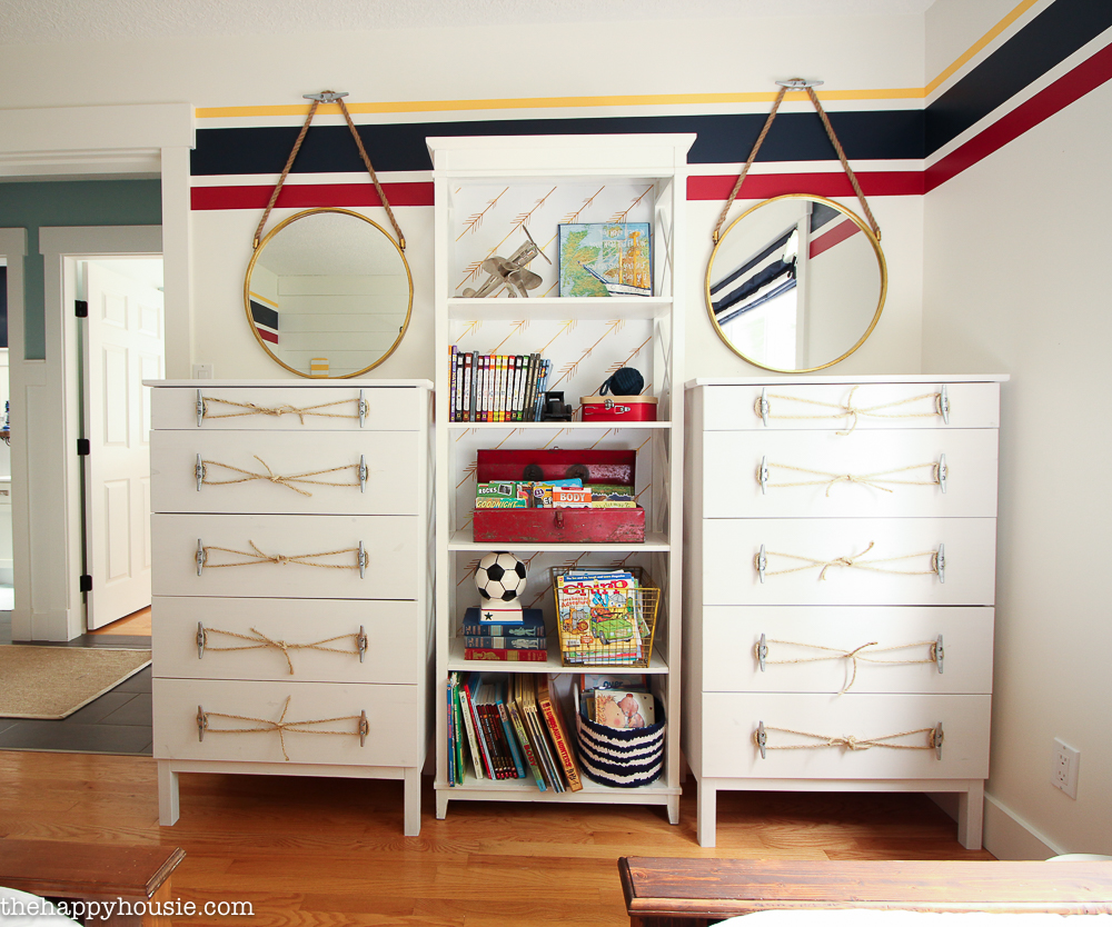 Ikea Tarva Hack Nautical Style Dresser Makeover with Dock Cleat and Rope Handles at thehappyhousie-14