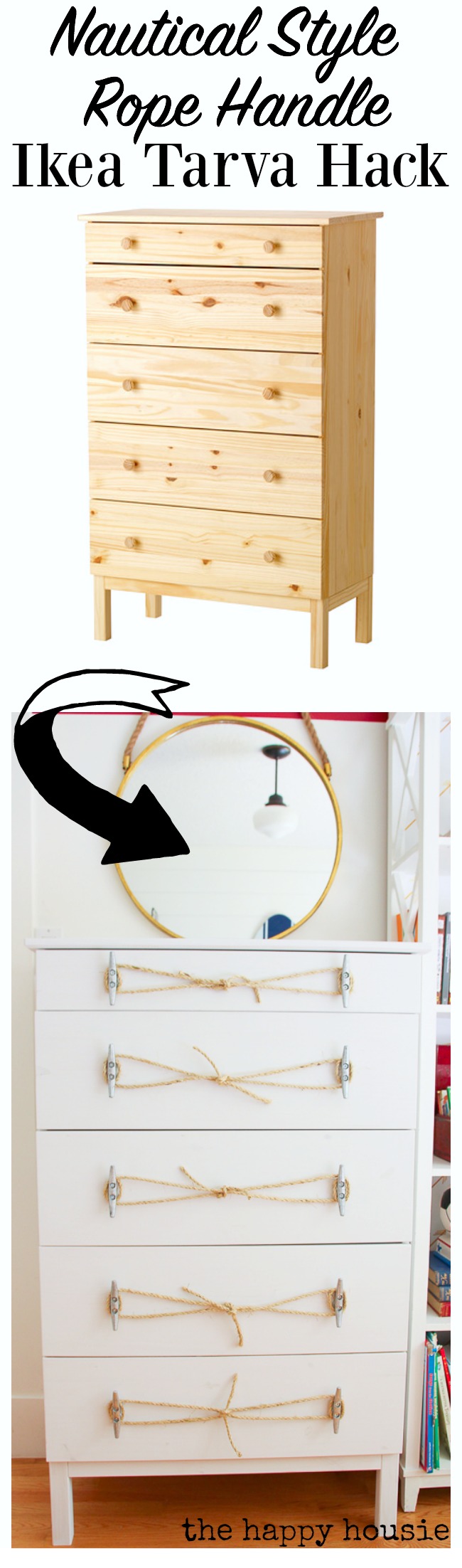 Nautical Style Ikea Tarva Hack Dresser with Dock Cleat and Rope Handles at thehappyhousie