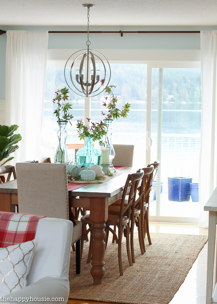 dining room with view out to a lake