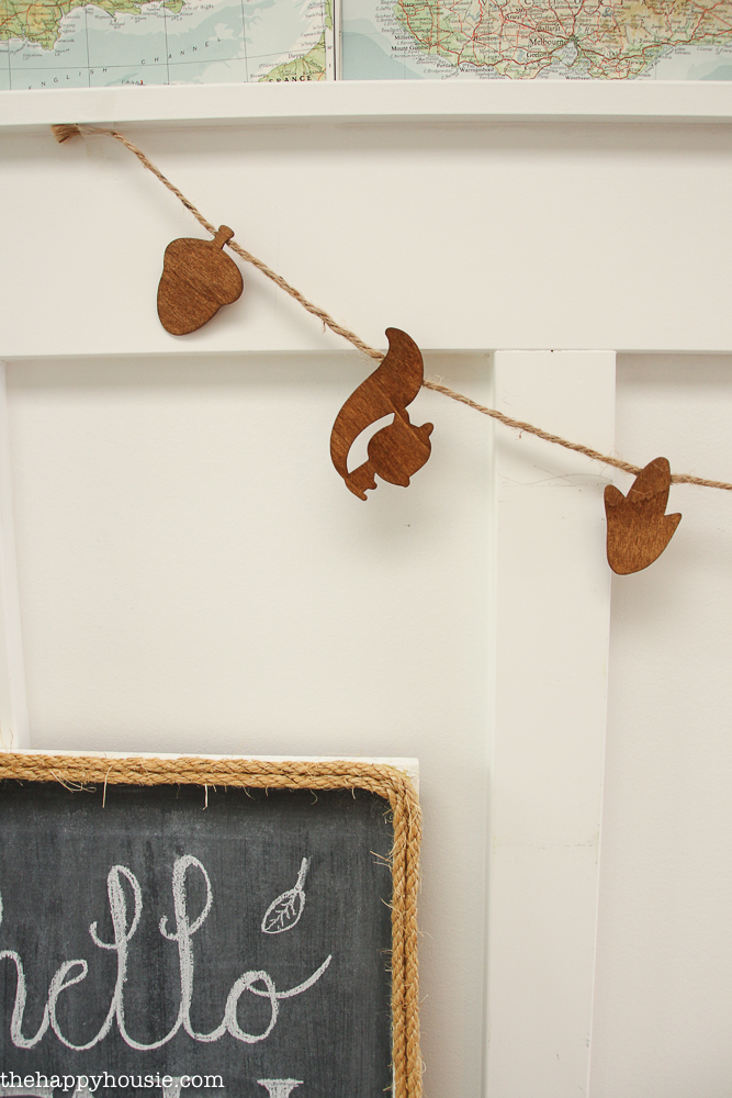 The woodland fall banner strung up on the wall with images of acorns and squirrels.