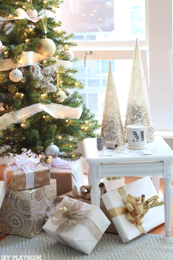 Beautifully decorated presents under the tree.