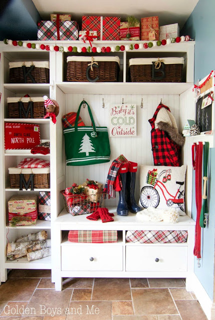 A mudroom decked out for Christmas.