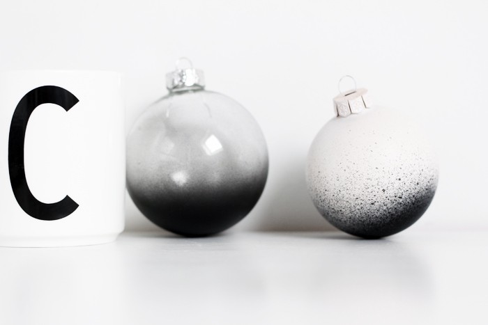 Christmas ornaments in black and white.
