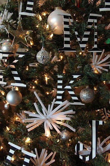 Christmas tree ornaments with black and white lettering.