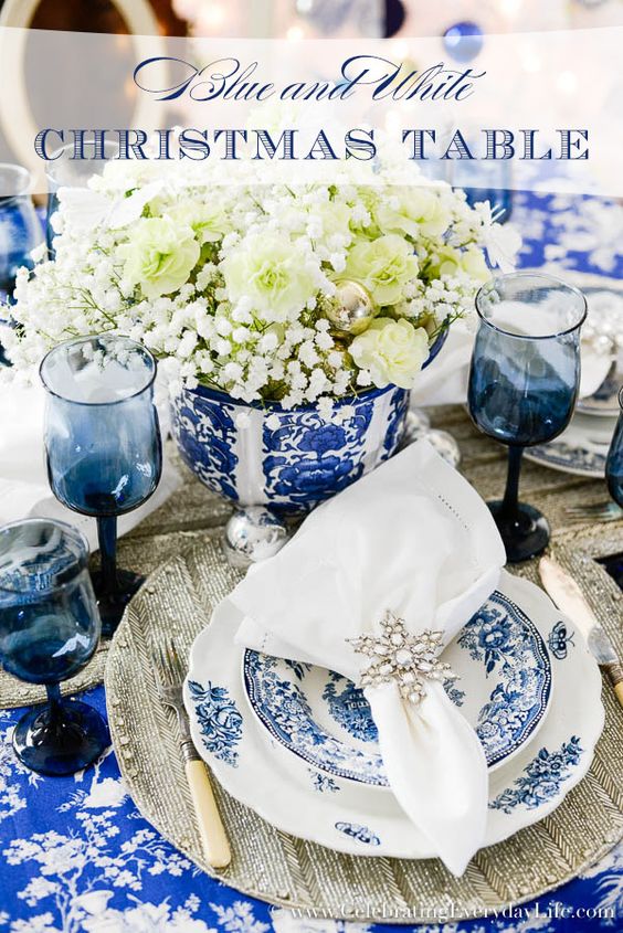 Blue and white Christmas table.