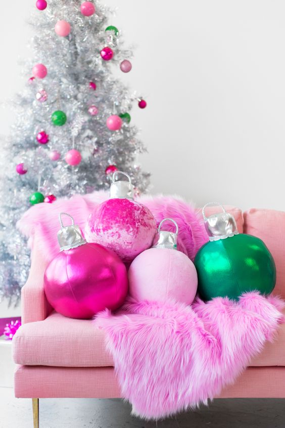 Pink and green Christmas ornaments.
