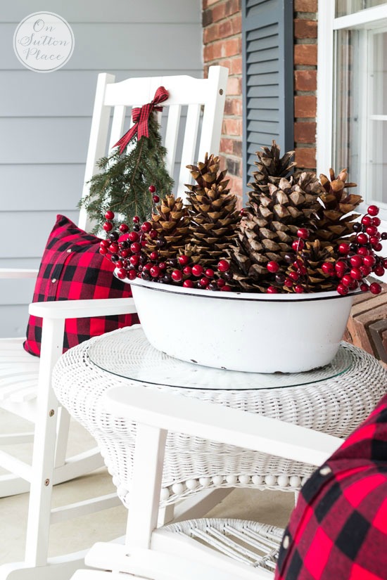 A white bowl with large pine cones and red berries on the outdoor table.