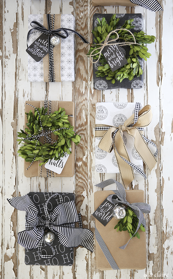 Printable gift tags on the neutral presents.