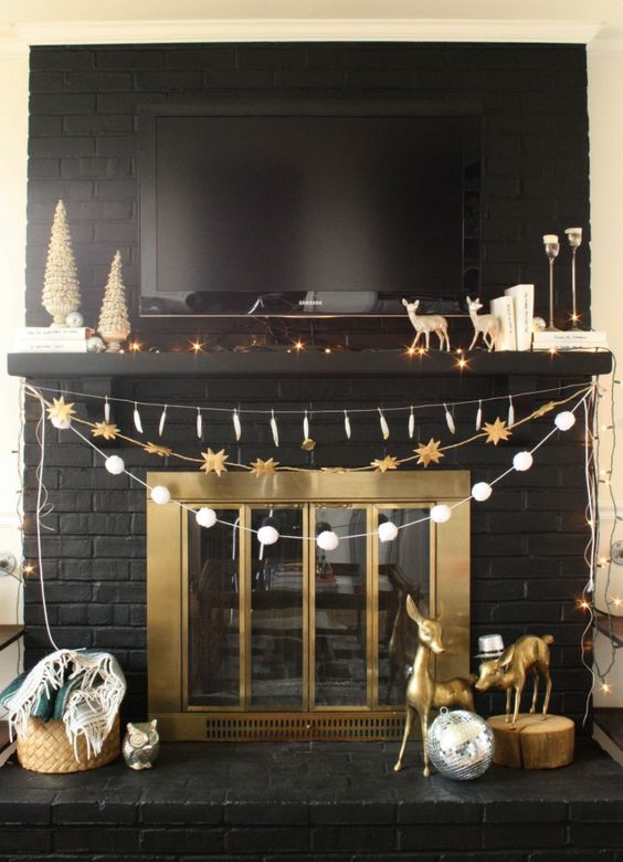 A dark fireplace mantel with gold touches.