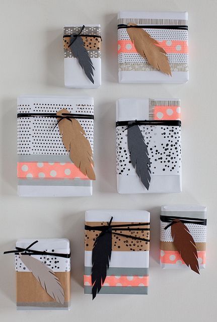 Paper feather wrapping paper for Christmas.