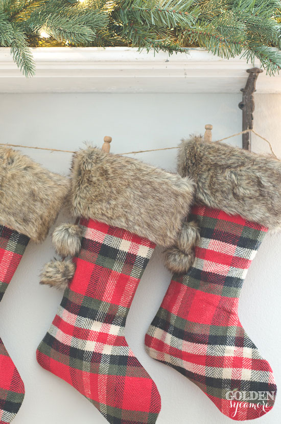 Up close shot of plaid stockings with faux fur trim.