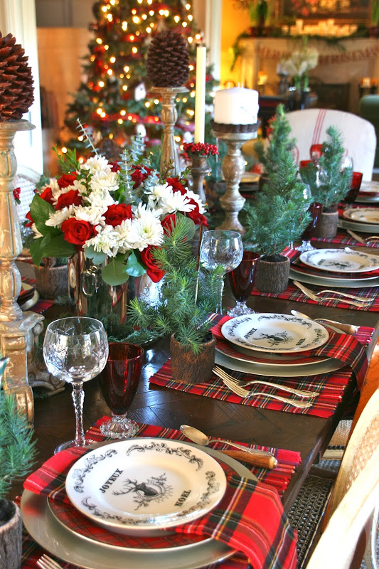A plaid tablescape with red and white flowers.