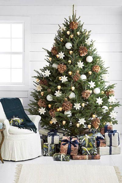 A neutral and rustic decorated tree,