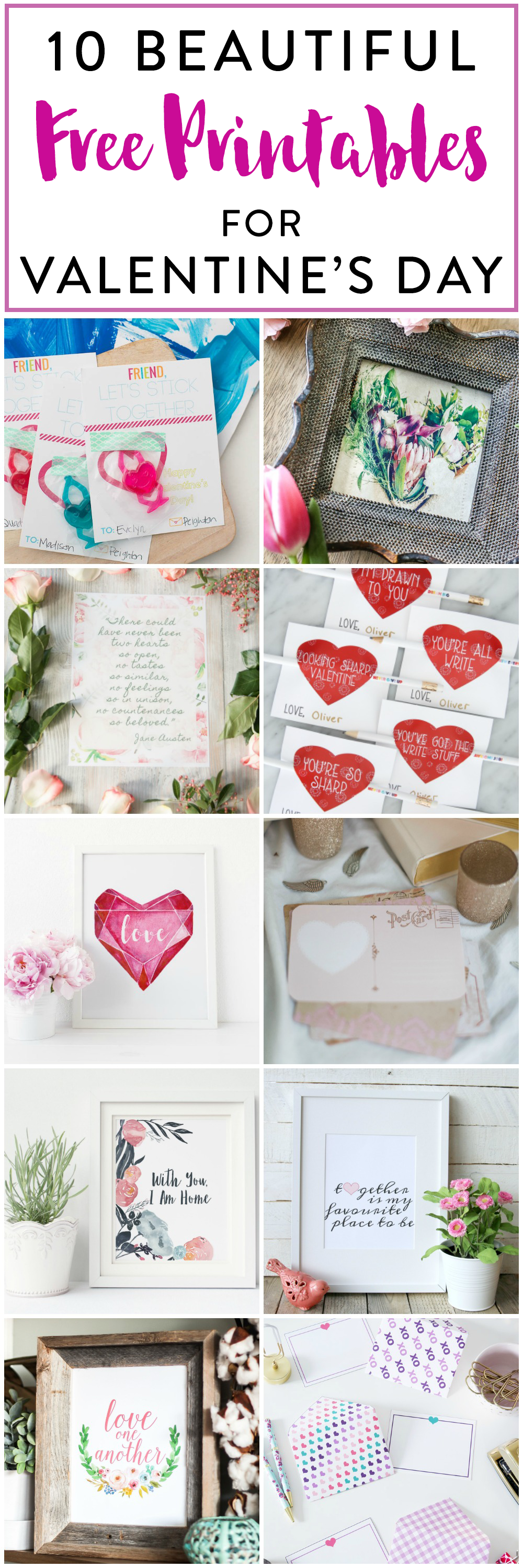 10 Beautiful Free Printables For Valentines Day poster.
