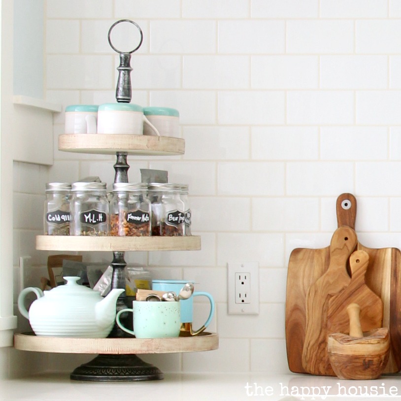 Our Kitchen Tea Station and Tiered Trays for Kitchen Storage