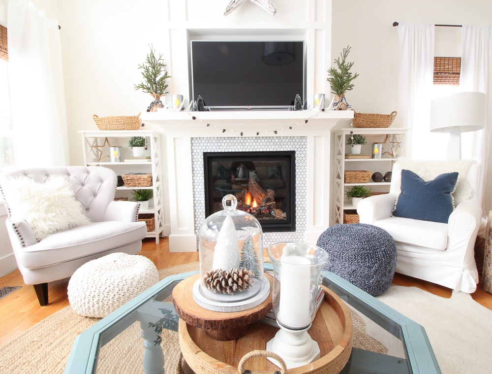 Cozy neutral and blue winter living room decor.
