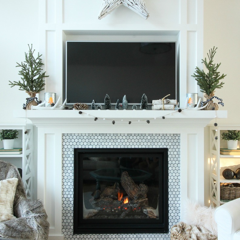 Simple Rustic Winter Mantel with Bottle Brush Trees