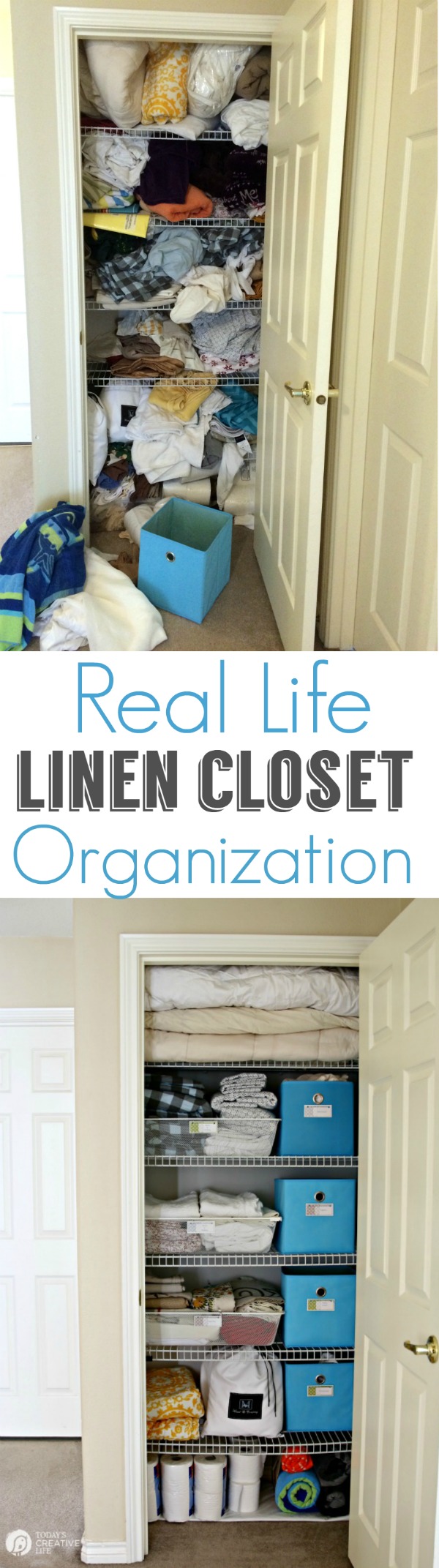 Real Life Linen Closet Organization graphic.