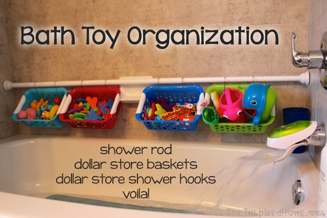 Using a shower bar and coloured containers for the bath toys.