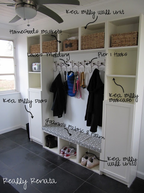 Ikea bookcases, Pier 1 hooks make up this entryway mudroom look.