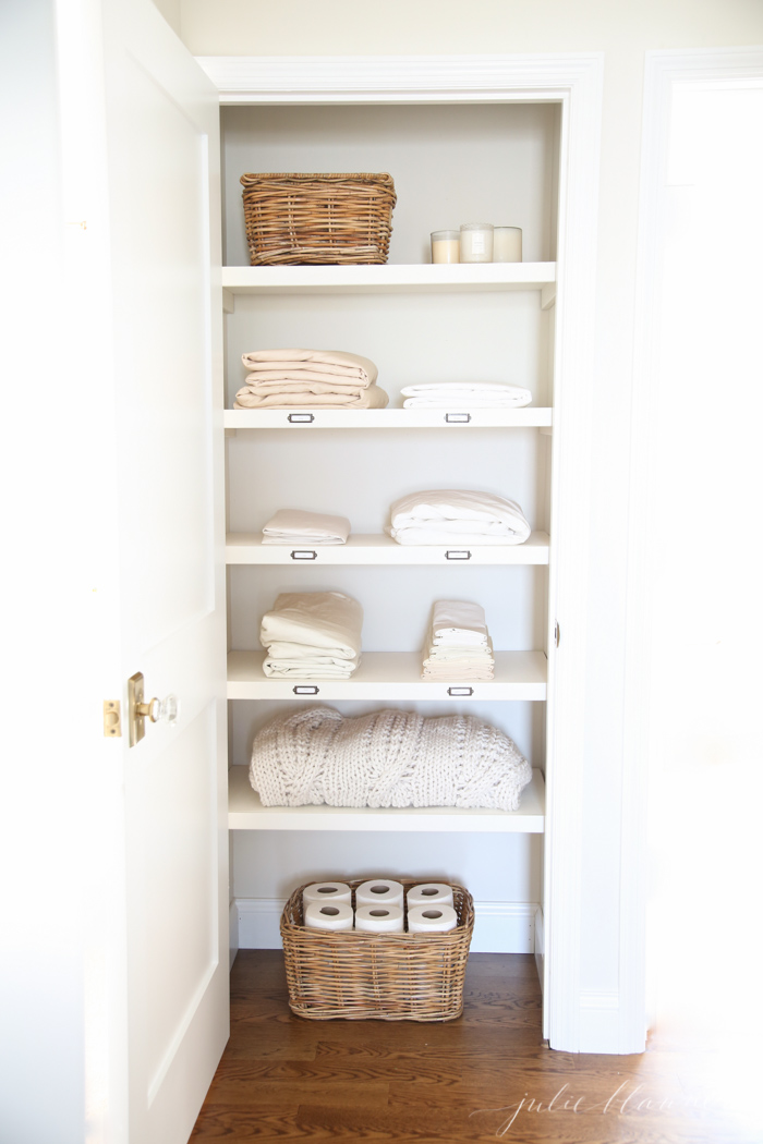 20 Beautifully Organized Linen Closets, Diy Floating Shelves Linen Closet