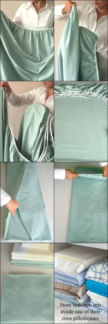 Demonstrating how to fold a fitted sheet.