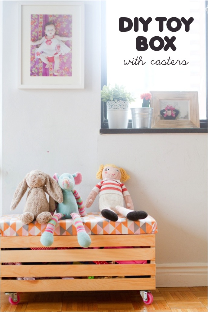 DIY toy box with casters and stuffed animals.