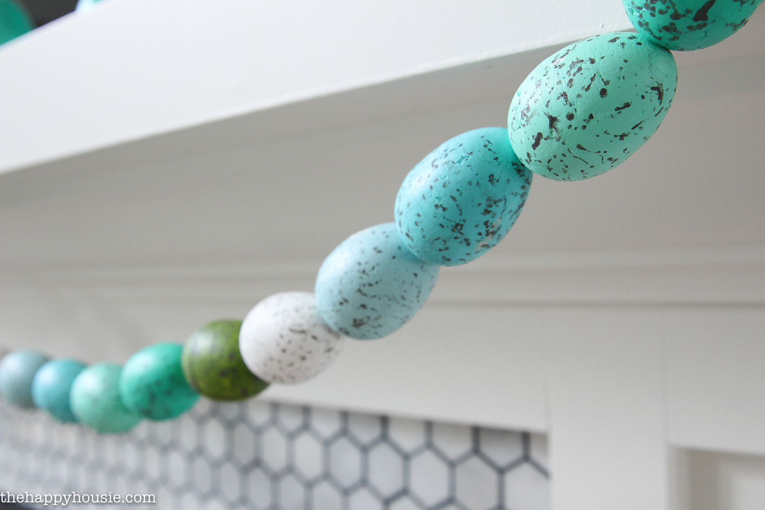 Blue, Green and white speckled egg garland.
