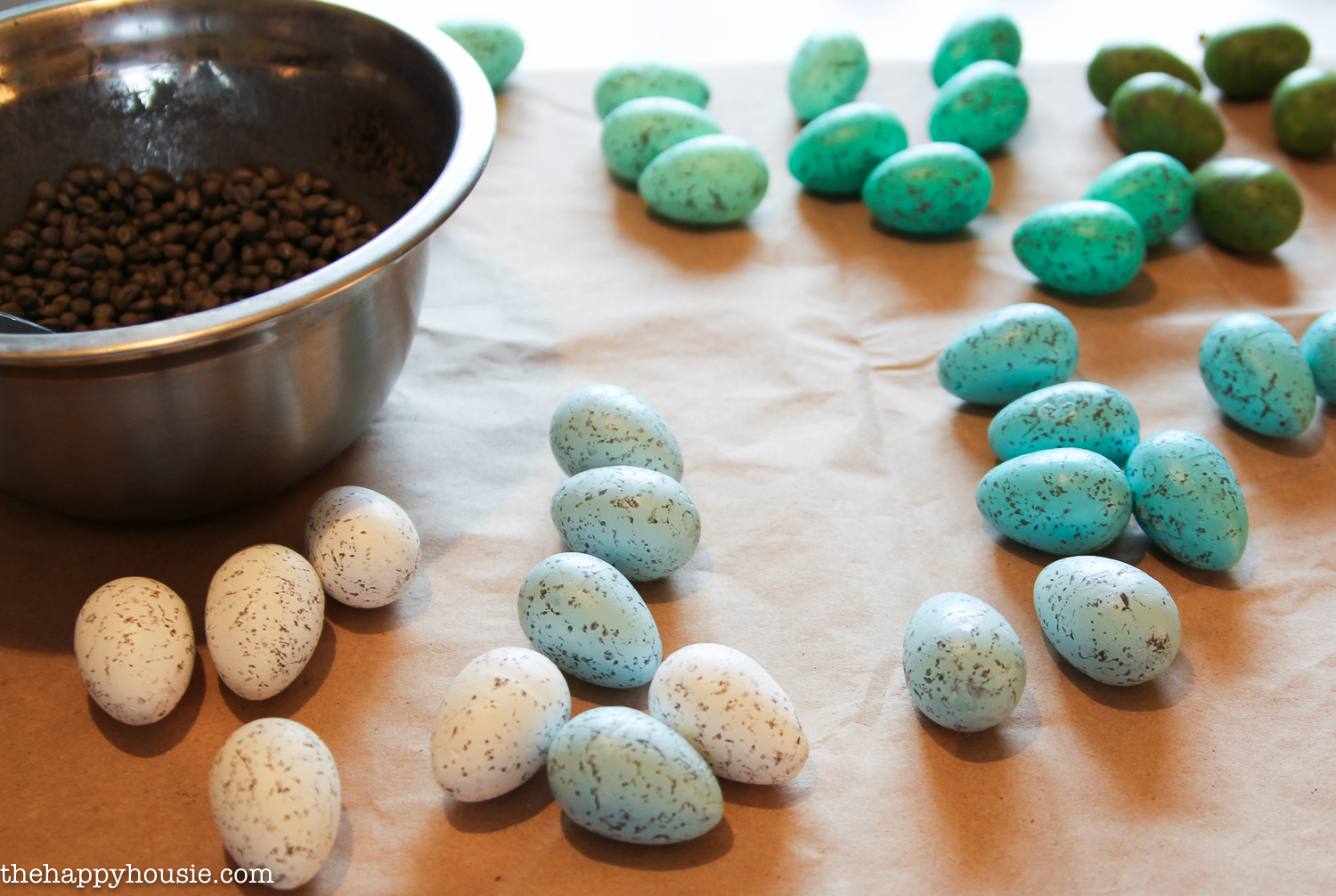 The spackled Easter eggs on the counter.