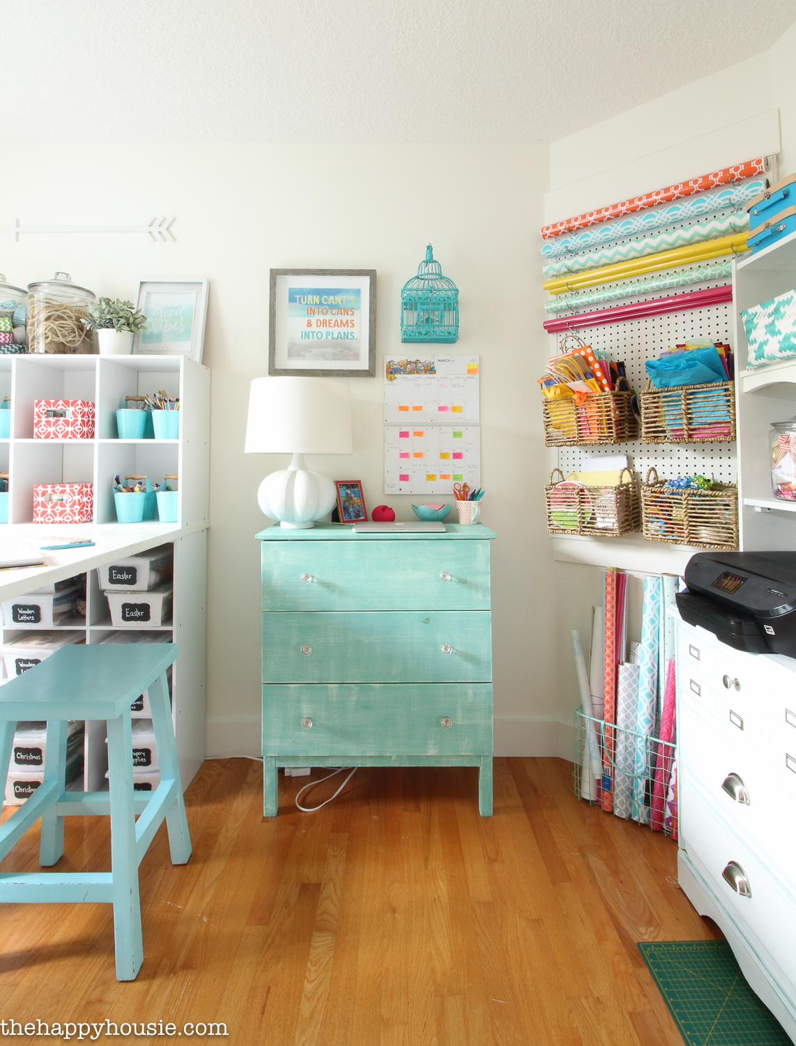 The blue dresser in the craft room.