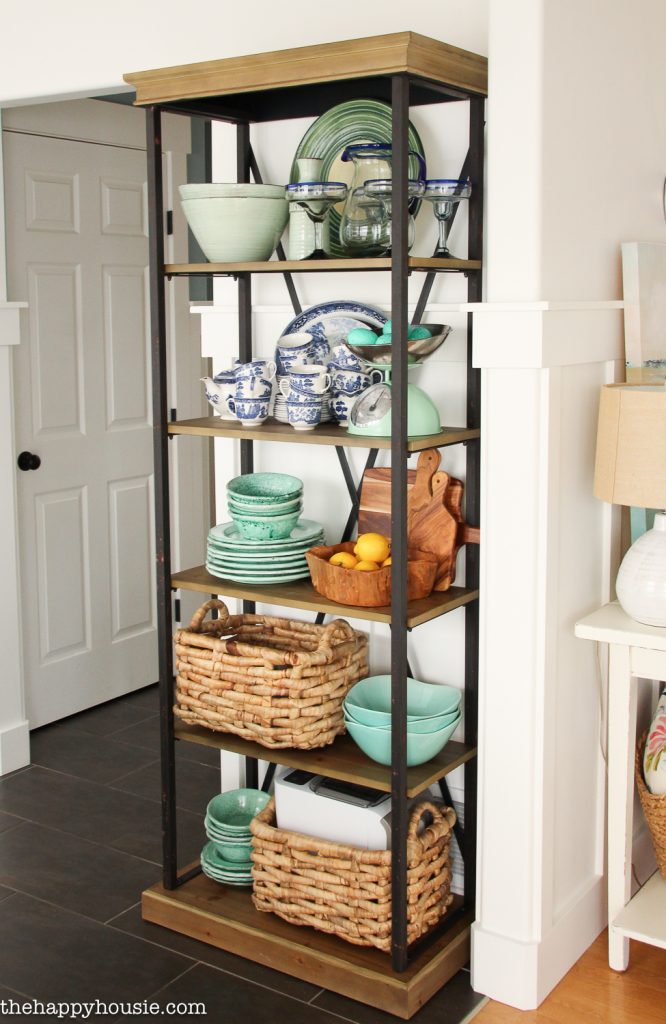 Open shelving unit with wood and metal.