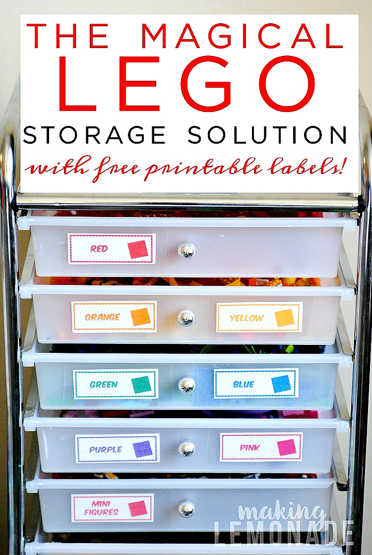 The magical lego storage solution with free printable labels poster.