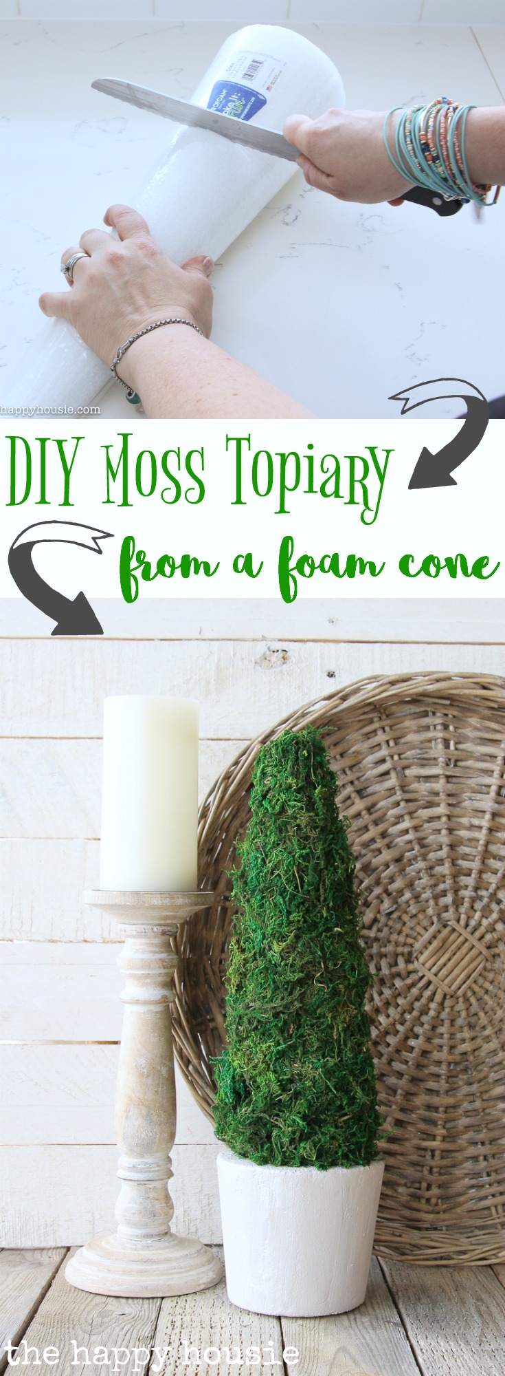 DIY Moss Topiary From A Foam Cone graphic.