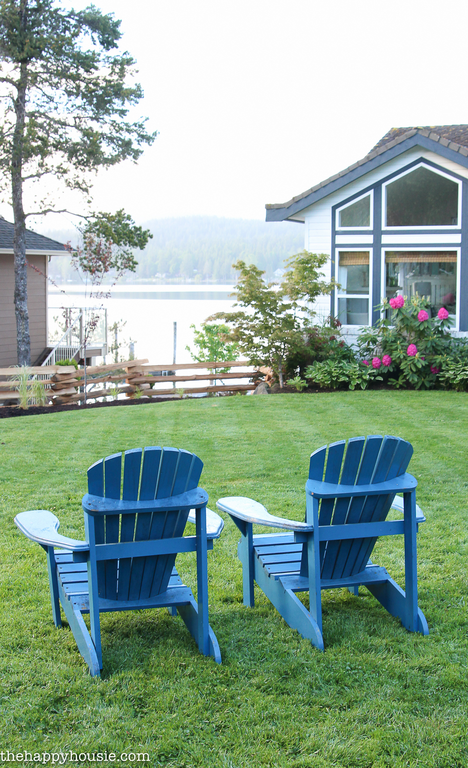 A view of the lake from the two blue chairs.