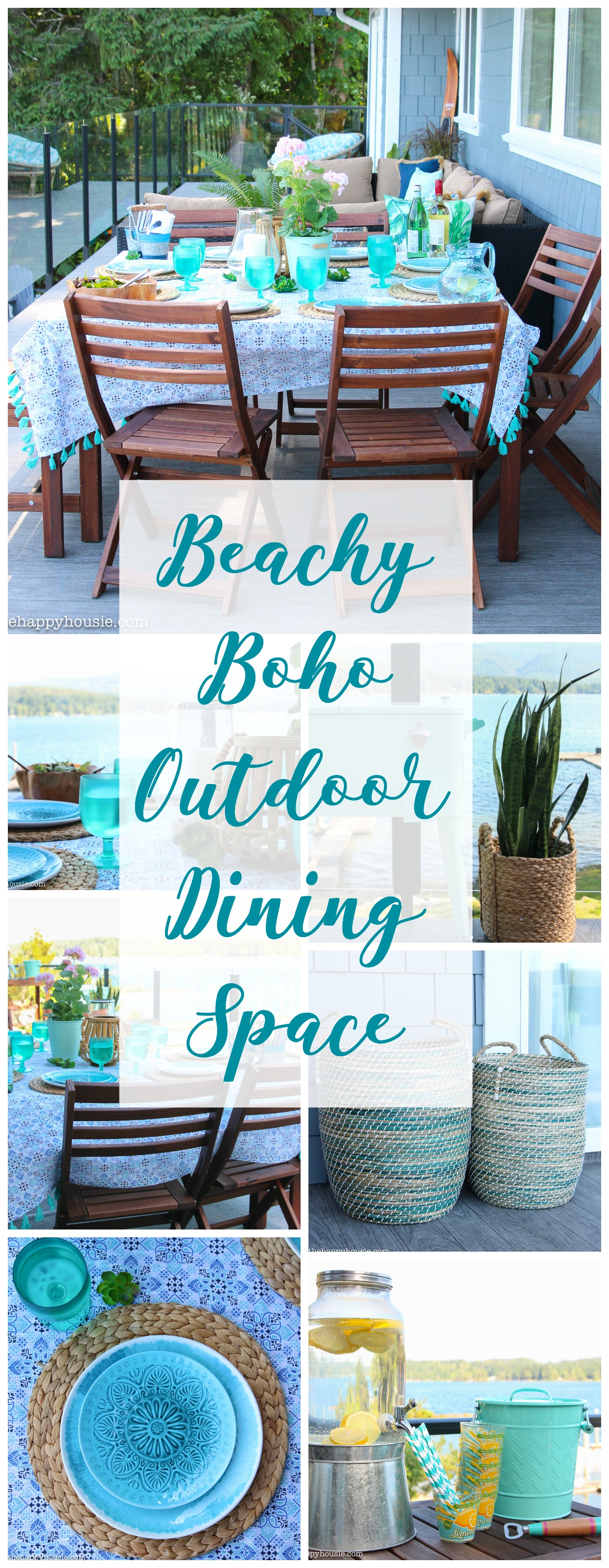 The outdoor patio decorated in a beachy boho outdoor theme.
