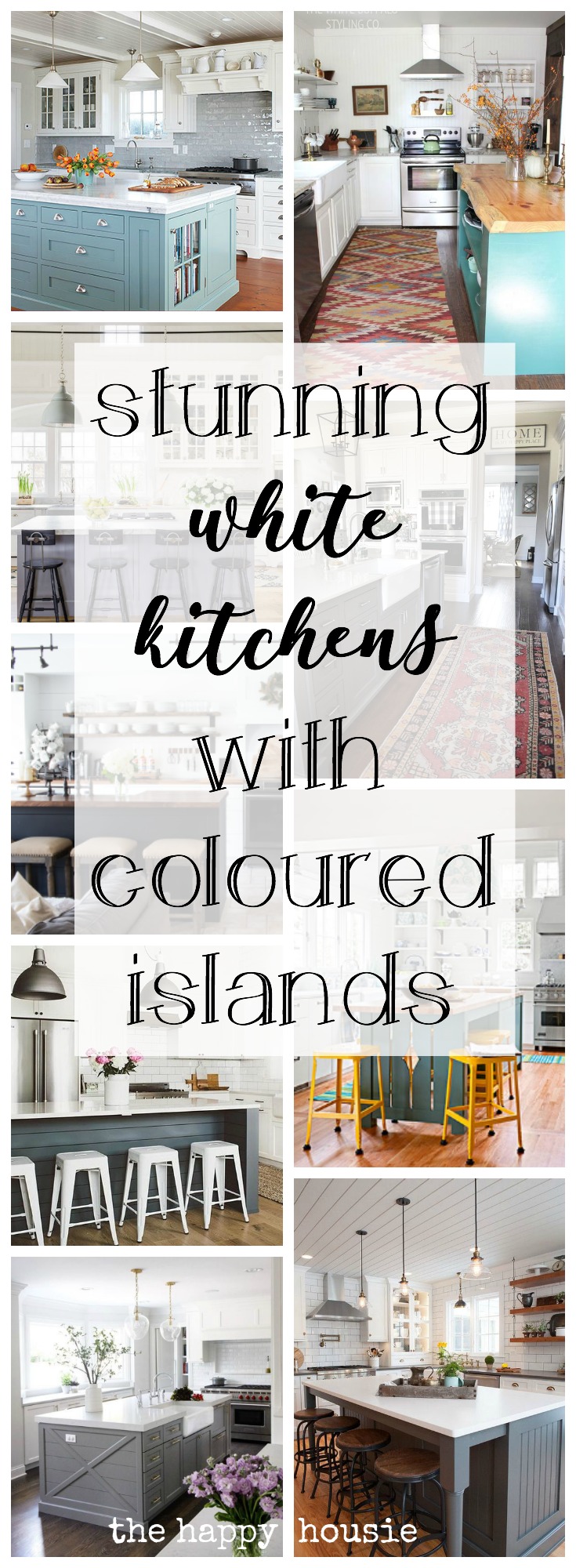 Stunning white kitchens with coloured islands graphic.