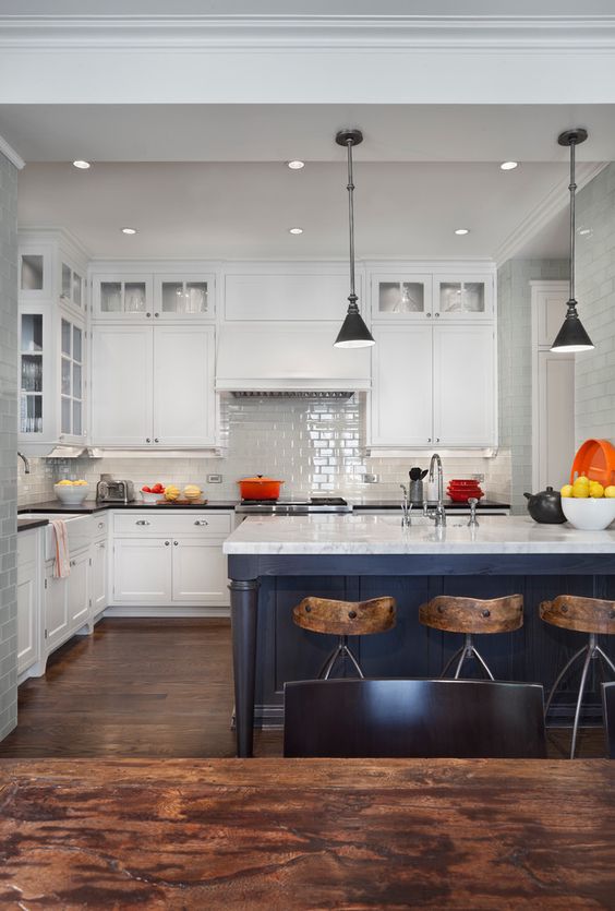 White Kitchens With Coloured Islands, White Kitchen With Blue Grey Island